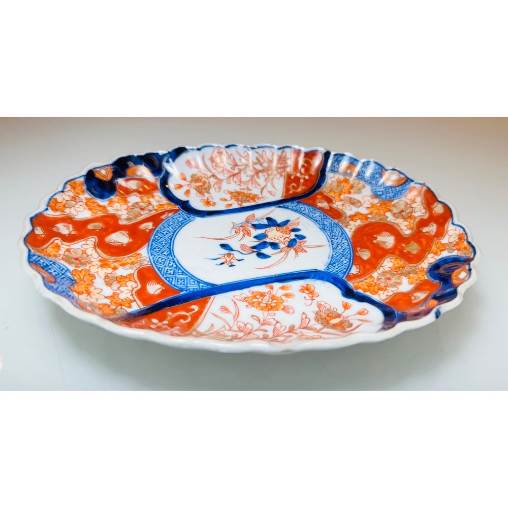 Vintage Japanese Imari Porcelain Oval Scalloped Bowl Floral Blue Red Gold 7.75"